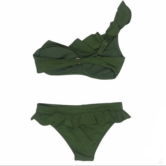 Green Bikini Two-Piece Ruffled One Shoulder Large - Picture 3 of 10